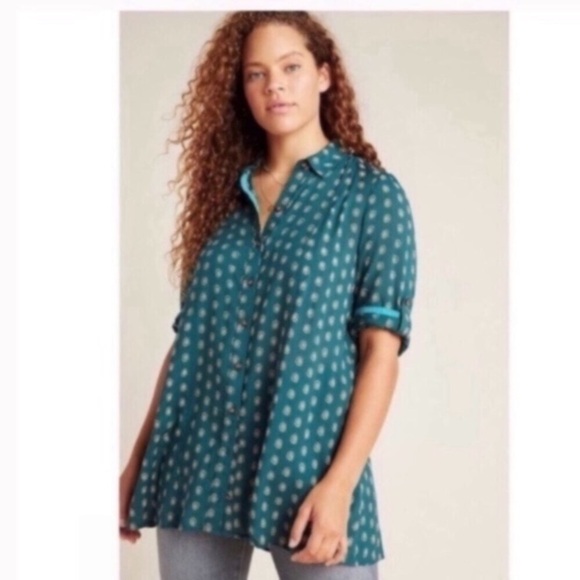 Anthropologie Tops - Anthropologie Maeve Modal Polka Dot High Low Tunic Button Front Blouse XS